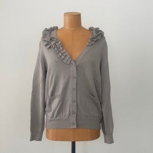 Kimchi Blue UO V Neck cardigan with ruffle collar detail mushroom gray sweater
